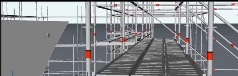 Detalj radnog poda modularne klin-rozeta skele s rozetama i dijagonalama — 3D model